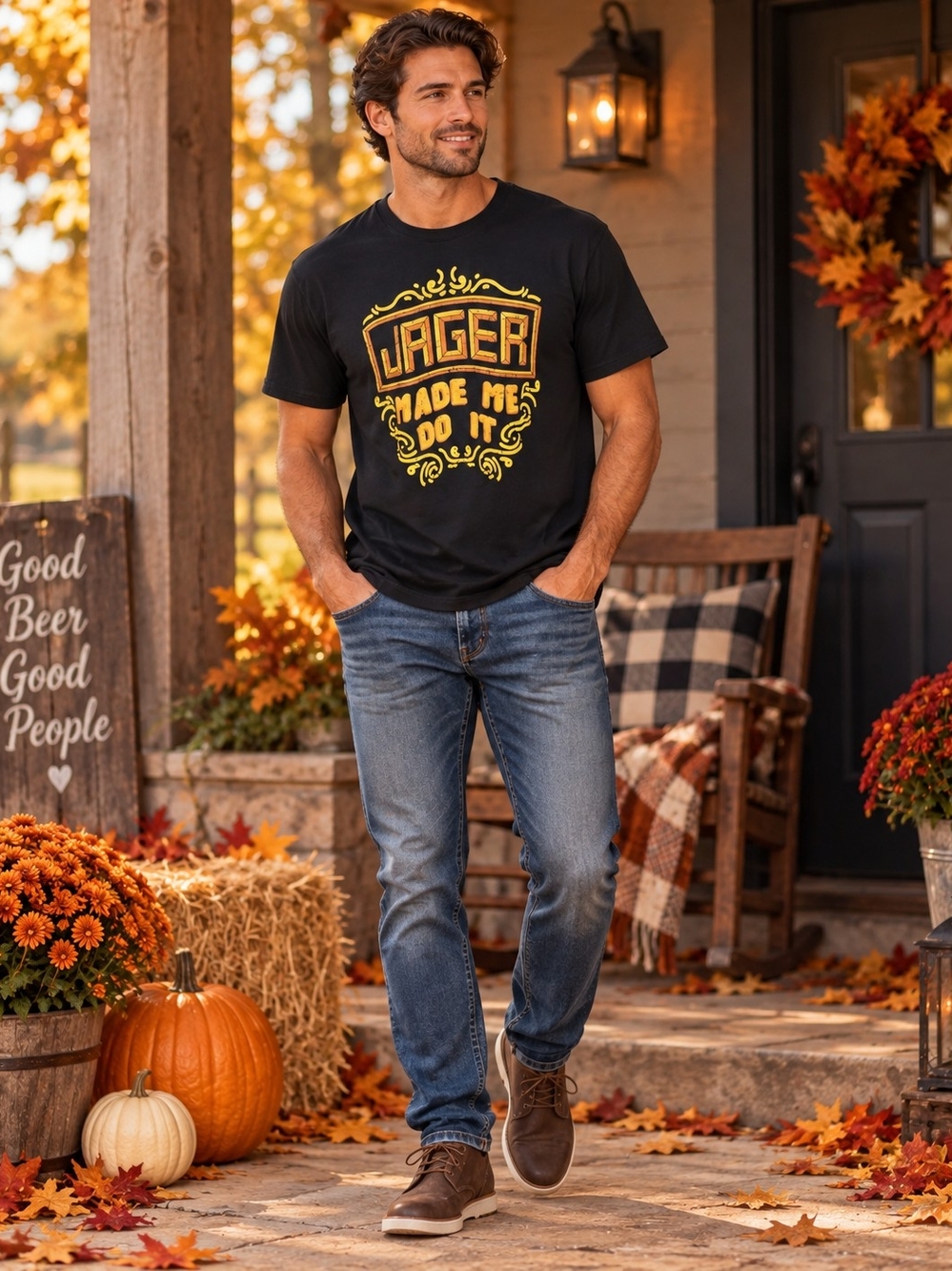 Vintage Port and Company Black Short-Sleeve Tee with Yellow 'JAGER' Graphic